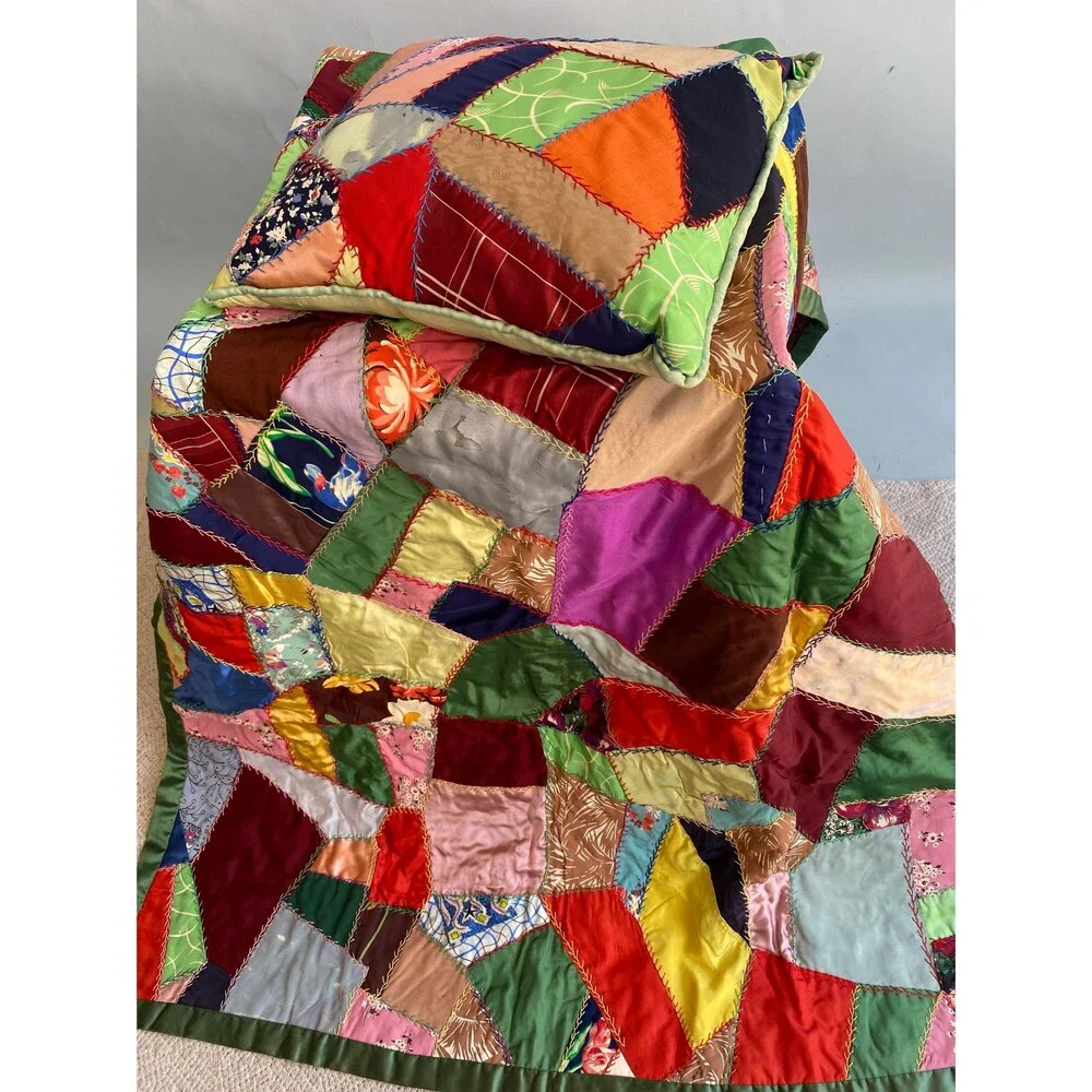 1940s Vintage Crazy Quilt with Matching Throw Pillow: Novelty Print Fabrics